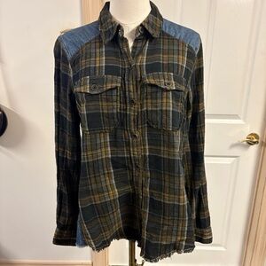Free People 100% Cotton Plaid Button-Up Shirt with Denim Accents